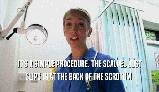 IT'S A SIMPLE PROCEDURE. THE SCALPEL JUST SLIPS IN AT THE BACK OF THE SCROTUM. 