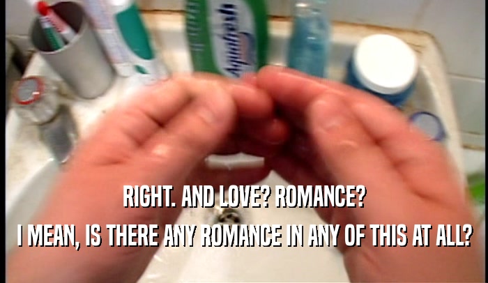 RIGHT. AND LOVE? ROMANCE? I MEAN, IS THERE ANY ROMANCE IN ANY OF THIS AT ALL? 
