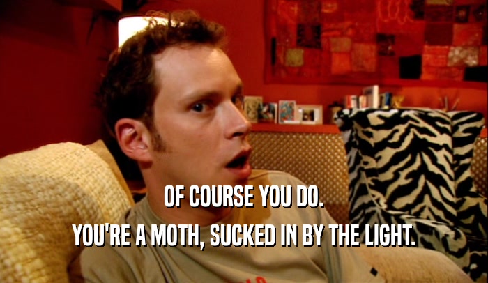 OF COURSE YOU DO. YOU'RE A MOTH, SUCKED IN BY THE LIGHT. 