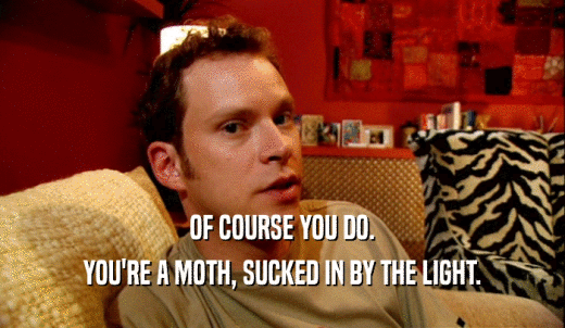 OF COURSE YOU DO. YOU'RE A MOTH, SUCKED IN BY THE LIGHT. 