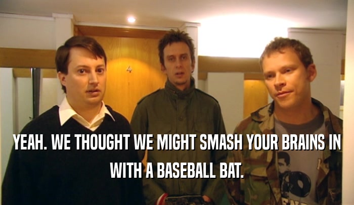 YEAH. WE THOUGHT WE MIGHT SMASH YOUR BRAINS IN WITH A BASEBALL BAT. 