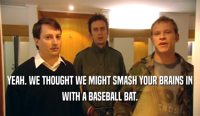 YEAH. WE THOUGHT WE MIGHT SMASH YOUR BRAINS IN WITH A BASEBALL BAT. 