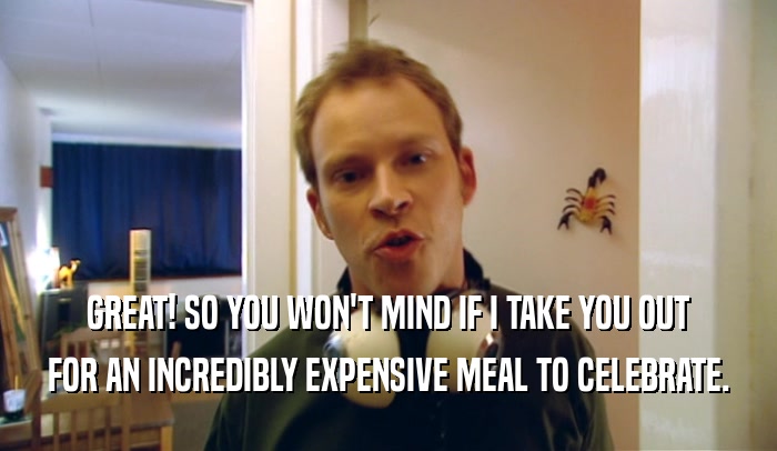 GREAT! SO YOU WON'T MIND IF I TAKE YOU OUT FOR AN INCREDIBLY EXPENSIVE MEAL TO CELEBRATE. 
