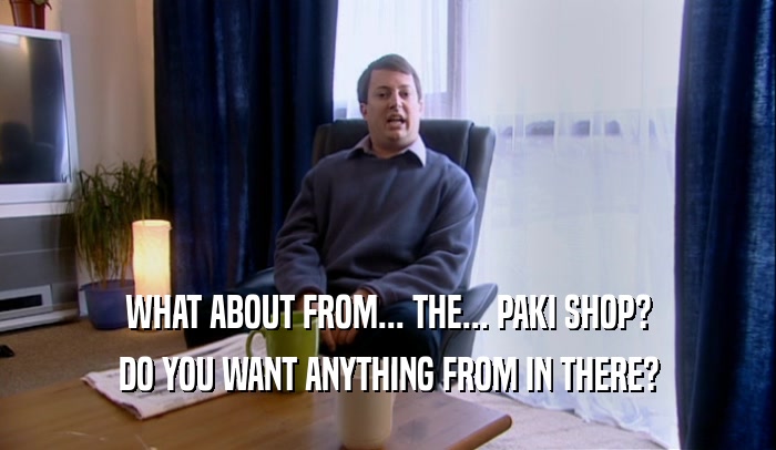 WHAT ABOUT FROM... THE... PAKI SHOP? DO YOU WANT ANYTHING FROM IN THERE? 