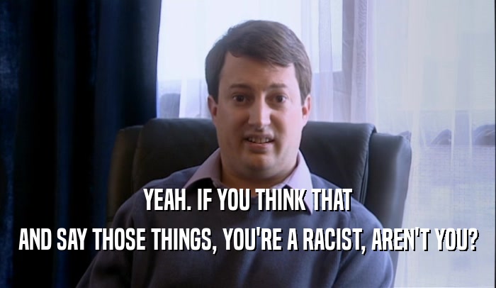 YEAH. IF YOU THINK THAT AND SAY THOSE THINGS, YOU'RE A RACIST, AREN'T YOU? 