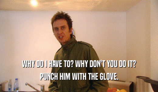 WHY DO I HAVE TO? WHY DON'T YOU DO IT? PUNCH HIM WITH THE GLOVE. 