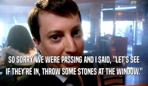 SO SORRY. WE WERE PASSING AND I SAID, 'LET'S SEE IF THEY'RE IN, THROW SOME STONES AT THE WINDOW.' 