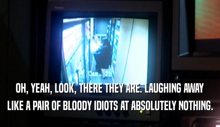 OH, YEAH, LOOK, THERE THEY ARE. LAUGHING AWAY LIKE A PAIR OF BLOODY IDIOTS AT ABSOLUTELY NOTHING. 