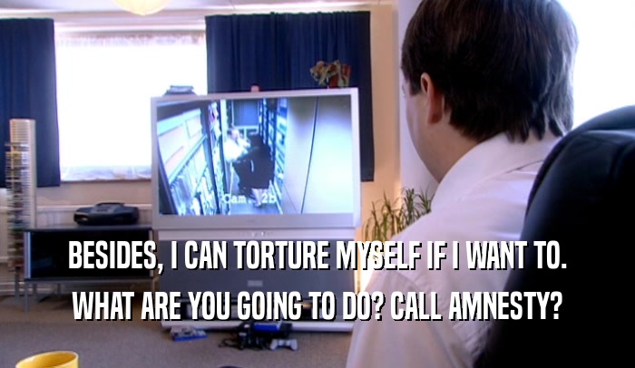 BESIDES, I CAN TORTURE MYSELF IF I WANT TO. WHAT ARE YOU GOING TO DO? CALL AMNESTY? 