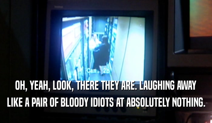 OH, YEAH, LOOK, THERE THEY ARE. LAUGHING AWAY LIKE A PAIR OF BLOODY IDIOTS AT ABSOLUTELY NOTHING. 