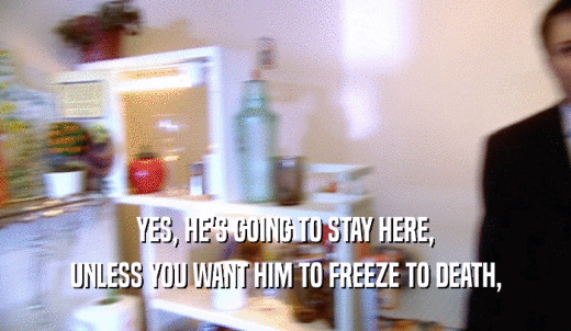 YES, HE'S GOING TO STAY HERE, UNLESS YOU WANT HIM TO FREEZE TO DEATH, 