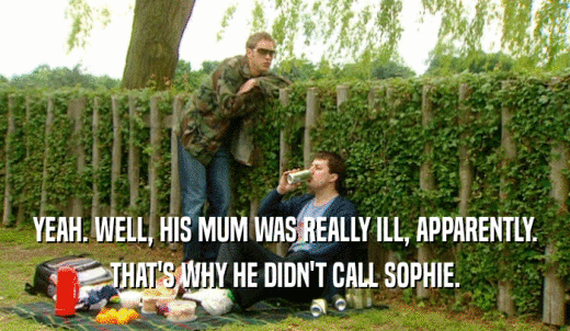 YEAH. WELL, HIS MUM WAS REALLY ILL, APPARENTLY. THAT'S WHY HE DIDN'T CALL SOPHIE. 