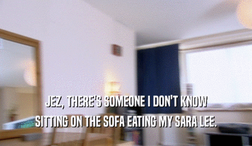 JEZ, THERE'S SOMEONE I DON'T KNOW SITTING ON THE SOFA EATING MY SARA LEE. 
