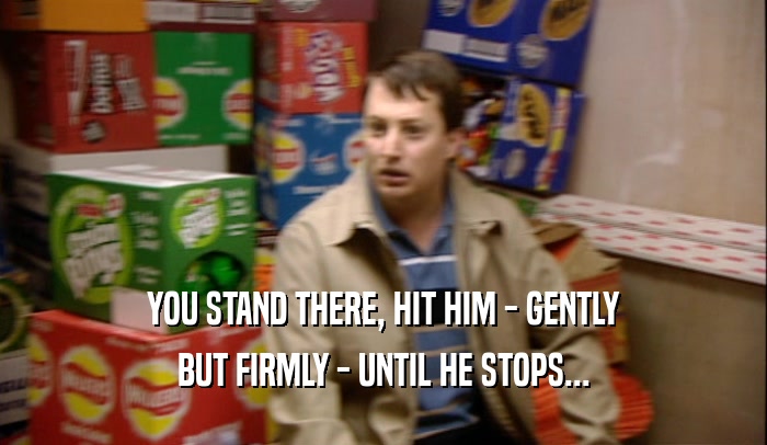 YOU STAND THERE, HIT HIM - GENTLY BUT FIRMLY - UNTIL HE STOPS... 