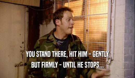YOU STAND THERE, HIT HIM - GENTLY BUT FIRMLY - UNTIL HE STOPS... 
