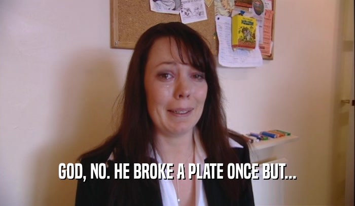 GOD, NO. HE BROKE A PLATE ONCE BUT...  