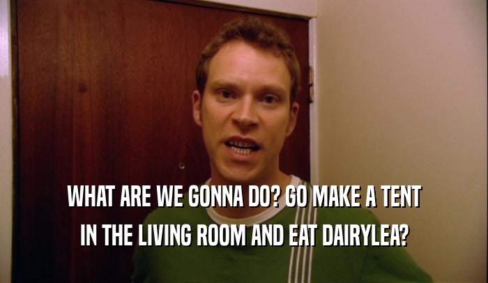 WHAT ARE WE GONNA DO? GO MAKE A TENT IN THE LIVING ROOM AND EAT DAIRYLEA? 
