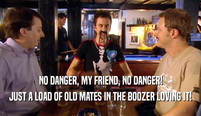 NO DANGER, MY FRIEND, NO DANGER! JUST A LOAD OF OLD MATES IN THE BOOZER LOVING IT! 