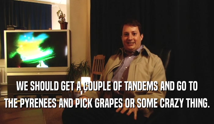 WE SHOULD GET A COUPLE OF TANDEMS AND GO TO THE PYRENEES AND PICK GRAPES OR SOME CRAZY THING. 