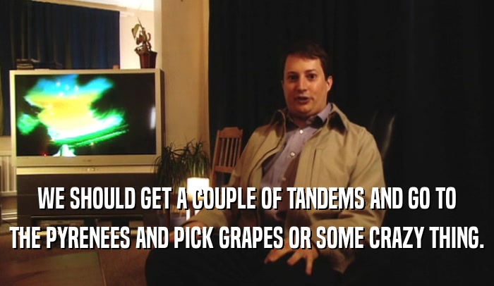 WE SHOULD GET A COUPLE OF TANDEMS AND GO TO THE PYRENEES AND PICK GRAPES OR SOME CRAZY THING. 