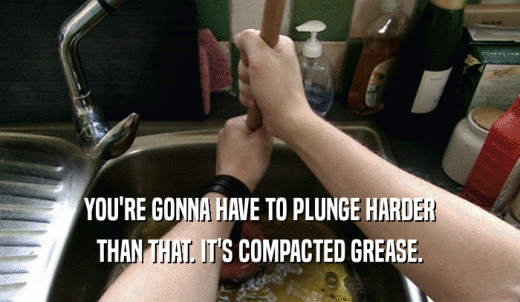 YOU'RE GONNA HAVE TO PLUNGE HARDER THAN THAT. IT'S COMPACTED GREASE. 