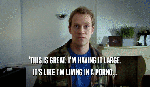 'THIS IS GREAT. I'M HAVING IT LARGE. IT'S LIKE I'M LIVING IN A PORNO... 