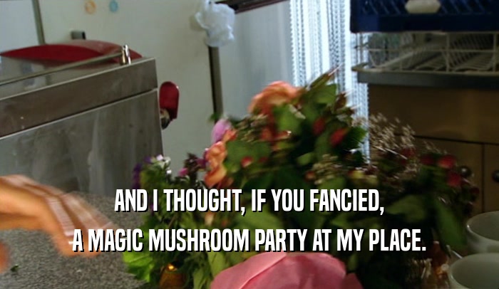 AND I THOUGHT, IF YOU FANCIED,
 A MAGIC MUSHROOM PARTY AT MY PLACE.
 