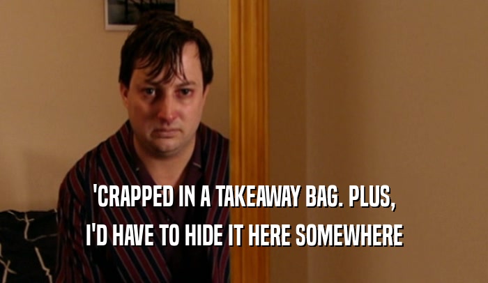 'CRAPPED IN A TAKEAWAY BAG. PLUS, I'D HAVE TO HIDE IT HERE SOMEWHERE 