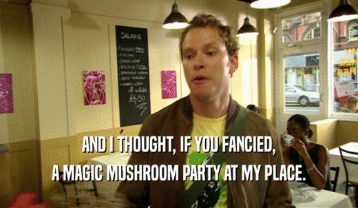 AND I THOUGHT, IF YOU FANCIED, A MAGIC MUSHROOM PARTY AT MY PLACE. 