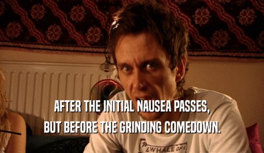 AFTER THE INITIAL NAUSEA PASSES, BUT BEFORE THE GRINDING COMEDOWN. 