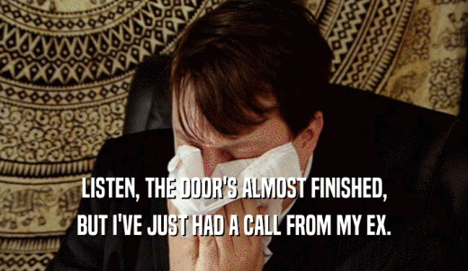 LISTEN, THE DOOR'S ALMOST FINISHED, BUT I'VE JUST HAD A CALL FROM MY EX. 