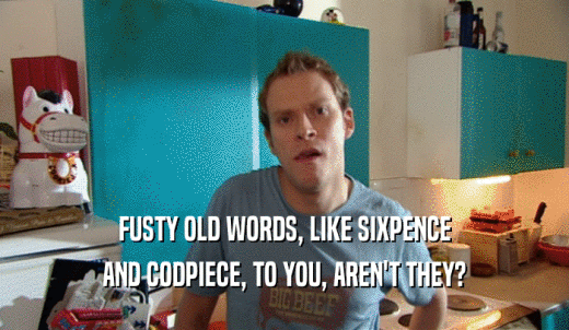 FUSTY OLD WORDS, LIKE SIXPENCE AND CODPIECE, TO YOU, AREN'T THEY? 
