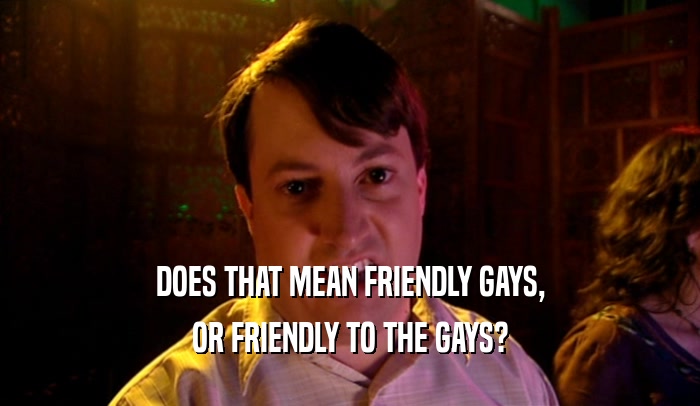 DOES THAT MEAN FRIENDLY GAYS, OR FRIENDLY TO THE GAYS? 