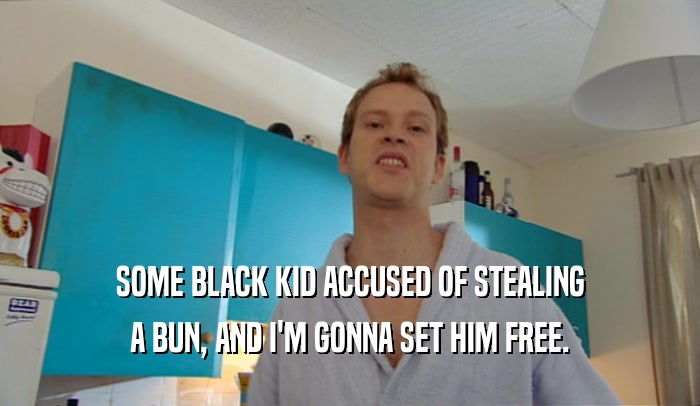 SOME BLACK KID ACCUSED OF STEALING
 A BUN, AND I'M GONNA SET HIM FREE.
 