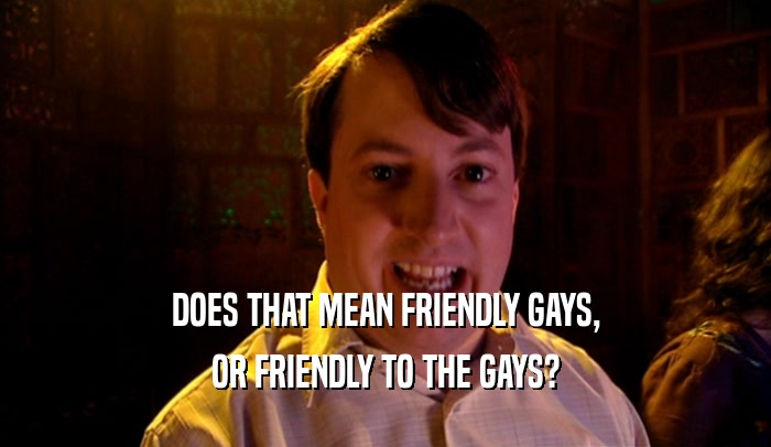 DOES THAT MEAN FRIENDLY GAYS, OR FRIENDLY TO THE GAYS? 