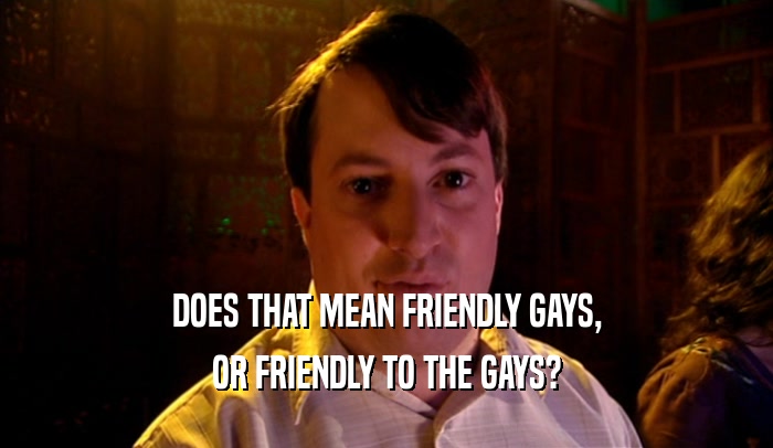 DOES THAT MEAN FRIENDLY GAYS, OR FRIENDLY TO THE GAYS? 