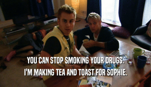 YOU CAN STOP SMOKING YOUR DRUGS. I'M MAKING TEA AND TOAST FOR SOPHIE. 