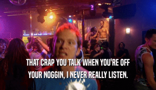 THAT CRAP YOU TALK WHEN YOU'RE OFF YOUR NOGGIN, I NEVER REALLY LISTEN. 