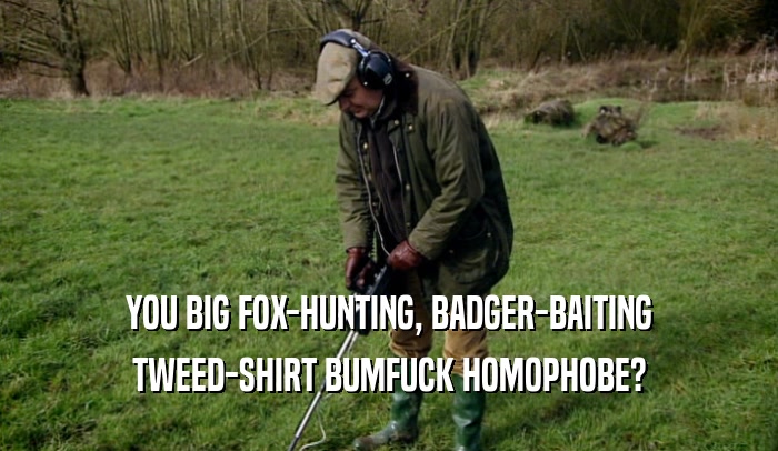YOU BIG FOX-HUNTING, BADGER-BAITING TWEED-SHIRT BUMFUCK HOMOPHOBE? 