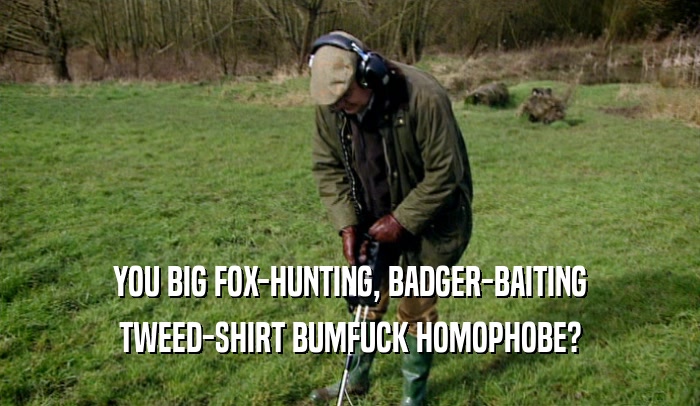 YOU BIG FOX-HUNTING, BADGER-BAITING TWEED-SHIRT BUMFUCK HOMOPHOBE? 