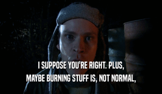 I SUPPOSE YOU'RE RIGHT. PLUS, MAYBE BURNING STUFF IS, NOT NORMAL, 