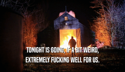 TONIGHT IS GOING, IF A BIT WEIRD, EXTREMELY FUCKING WELL FOR US. 