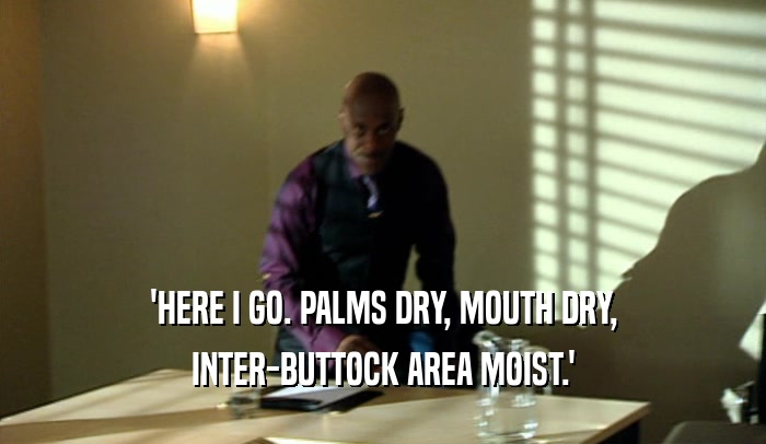 'HERE I GO. PALMS DRY, MOUTH DRY, INTER-BUTTOCK AREA MOIST.' 