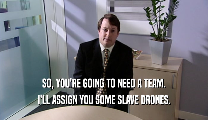 SO, YOU'RE GOING TO NEED A TEAM. I'LL ASSIGN YOU SOME SLAVE DRONES. 