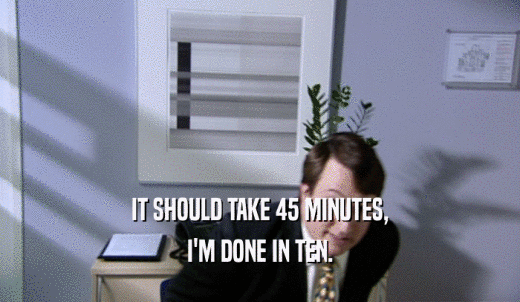 IT SHOULD TAKE 45 MINUTES, I'M DONE IN TEN. 