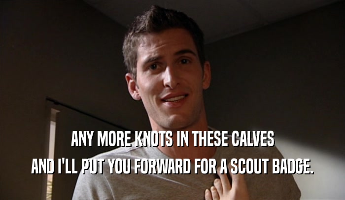 ANY MORE KNOTS IN THESE CALVES AND I'LL PUT YOU FORWARD FOR A SCOUT BADGE. 