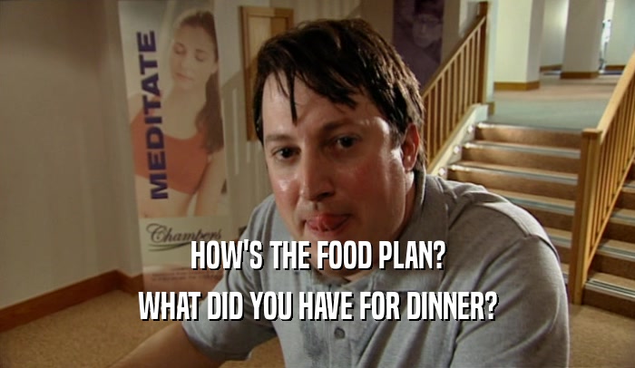HOW'S THE FOOD PLAN? WHAT DID YOU HAVE FOR DINNER? 