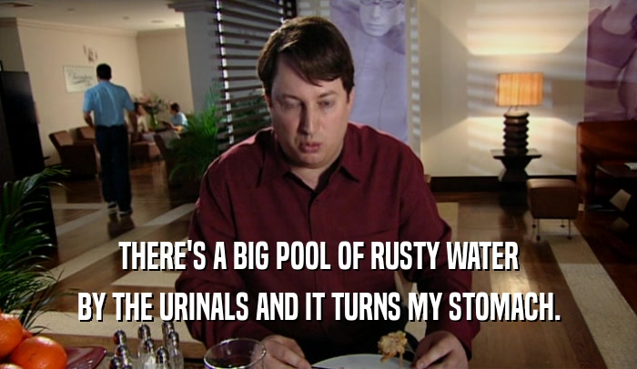THERE'S A BIG POOL OF RUSTY WATER
 BY THE URINALS AND IT TURNS MY STOMACH.
 