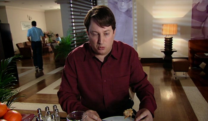 THERE'S A BIG POOL OF RUSTY WATER BY THE URINALS AND IT TURNS MY STOMACH. 