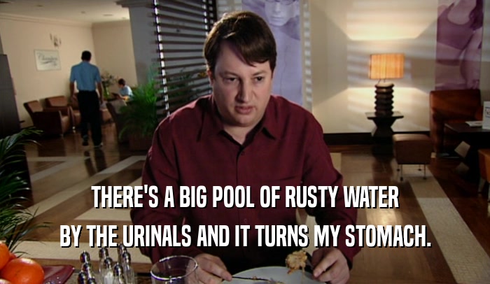 THERE'S A BIG POOL OF RUSTY WATER
 BY THE URINALS AND IT TURNS MY STOMACH.
 